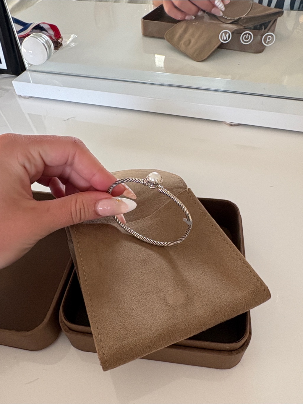 David Yurman Tan Suede Jewelry Pouch With Silver Glasp Bracelet